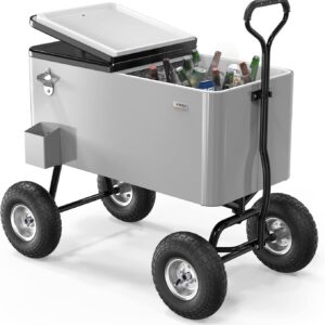 80 Quart Wagon Rolling Cooler Ice Chest, w/Long Handle and 10" Wheels