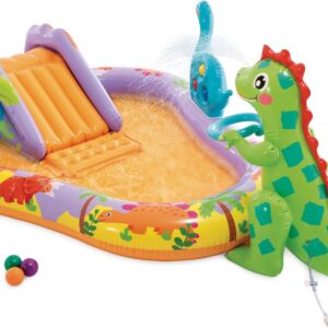 Dino Park Inflatable Kiddie Pool: Inflatable Kids Pool with Water Sprayer and Slide