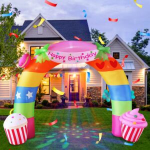 11FT Inflatable Birthday Cupcake Arch Birthday Decoration, Built-in LED Lights and Colorful Rotating Lights