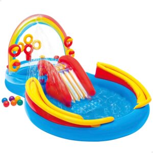 Multicolor Rainbow Slide Kiddie Inflatable Pool with Water Slide and Ring Toss