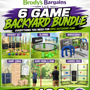 Bundle of 6 Games: Croquet Set, Slammo, Horseshoes, Giant Jenga, Giant Hook & Ring, Ladder Toss